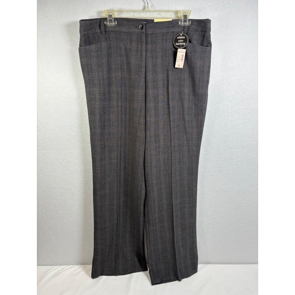 Dressbarn Trousers Women 16 Gray Plaid Poly Rayon Tummy Control Office Work Chic